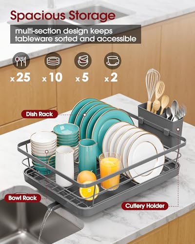 Sakugi Stainless Steel Dish Drying Rack for Kitchen Counter, Sink Organization and Storage Essentials with Silverware & Utensil Holder, Home and Apartment Decor, 12''W x 15.6''L, Gray - Image 2