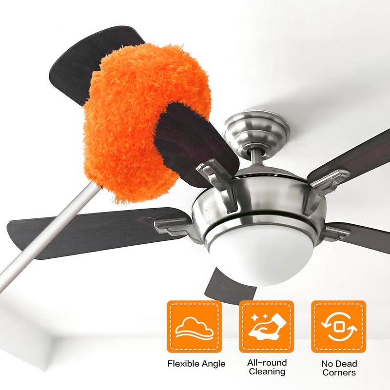Heonay Ceiling Fan Cleaner Duster Reusable Microfiber Ceiling Fan Blade Cleaner Removable Duster with Extension Pole Adjusts 13 to 49.7 Inch for Cleaning Walls Bookshelves Furniture Door Window Top (Orange) - Image 2
