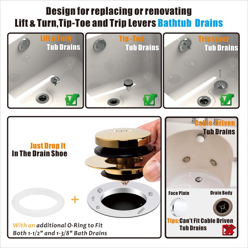 Artiwell Universal Tip Toe Bath Drain Stopper And Cover Bathtub Drain Stopper Replaces Lift And Turn Tip-Toe And Trip Lever Drains For Tub Ez Installation And Clearing (Polished Brass) - Image 2