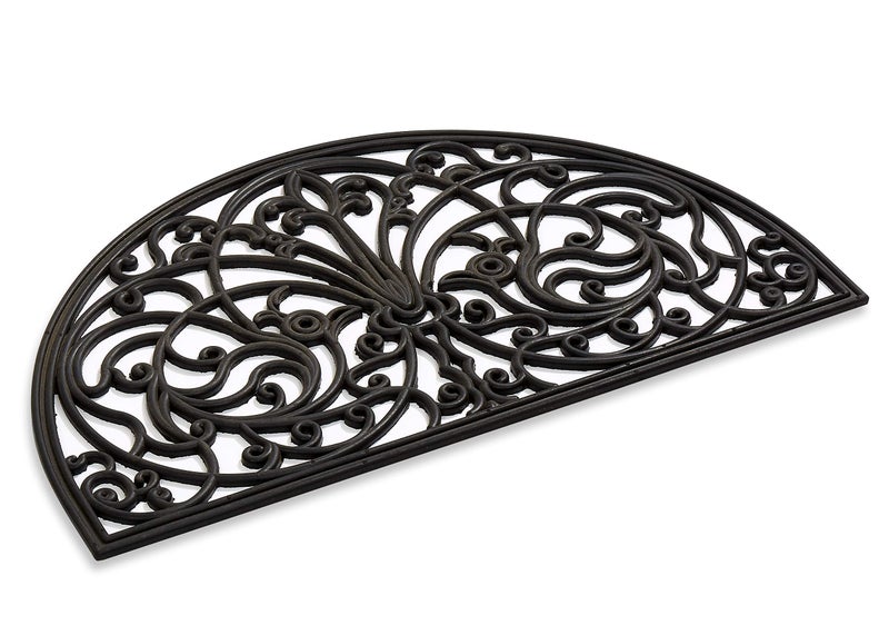 Kempf Rubber Scroll Doormat Half Moon Mat, Indoor Outdoor Entrance Mat, Low Clearance, Functional and Easy to Clean, Wrought Iron Scroll Design - Image 1