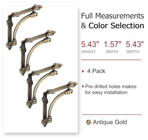 NACH Decorative Shelf Brackets, 4 Pack of 5.5 x 1.2 x 5.5 inch Gold Brackets - Cast Iron Shelf Brackets for Mounting - Half Round Style Decorative Brackets - Image 2