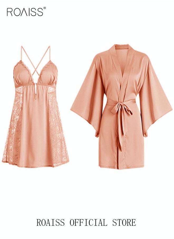 roaiss - 2 Piece Nightgown Set Women's Sweet Halter Nightdress Lingerie Sleepwear Home Dress Set Romantic Elegant Pajamas Ladies Spring Autumn Robe Loungewear - Image 1