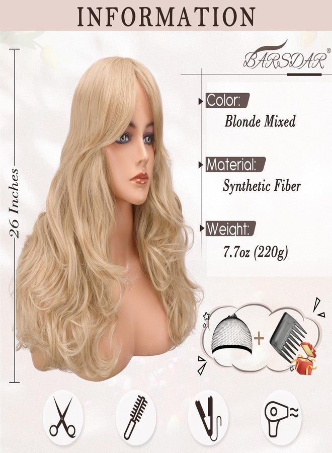 BARSDAR Long Blonde Wig with Fringe, 66 cm Long Wavy Layered Wigs for Women, Synthetic Hair Wigs, Butterfly, Natural Look, Daily Party, Halloween, Blonde Mixed - Image 2