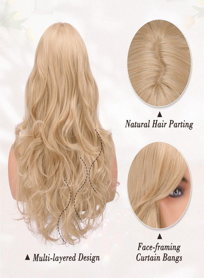 BARSDAR Long Blonde Wig with Fringe, 66 cm Long Wavy Layered Wigs for Women, Synthetic Hair Wigs, Butterfly, Natural Look, Daily Party, Halloween, Blonde Mixed - Image 3
