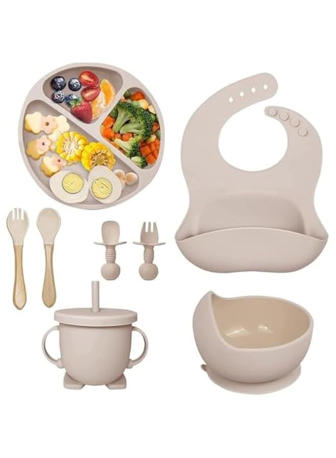 Silicone Baby Feeding Set, Baby Led Weaning Supplies Set with Suction Bowl Divided Plate, Toddler Self Feeding Dish Set with Spoons Forks Sippy Cup Adjustable Bib, Eating Utensils (Beige) - Image 1
