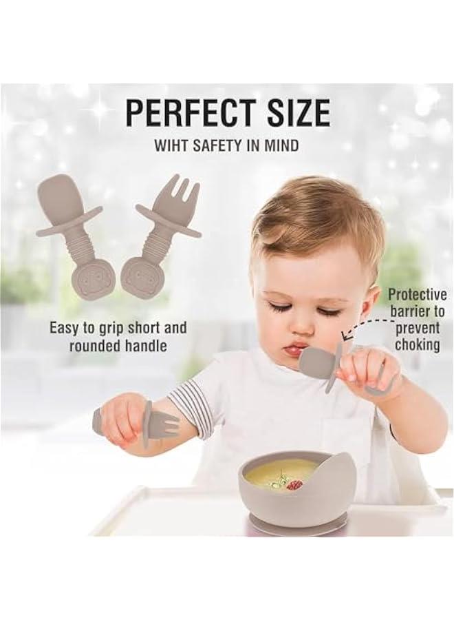 Silicone Baby Feeding Set, Baby Led Weaning Supplies Set with Suction Bowl Divided Plate, Toddler Self Feeding Dish Set with Spoons Forks Sippy Cup Adjustable Bib, Eating Utensils (Beige) - Image 3