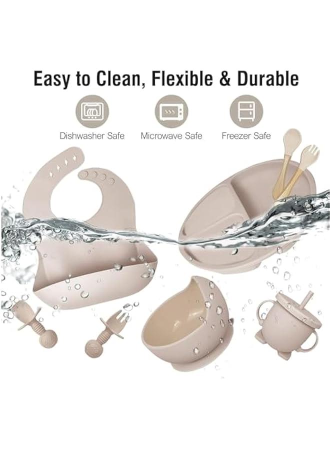 Silicone Baby Feeding Set, Baby Led Weaning Supplies Set with Suction Bowl Divided Plate, Toddler Self Feeding Dish Set with Spoons Forks Sippy Cup Adjustable Bib, Eating Utensils (Beige) - Image 5