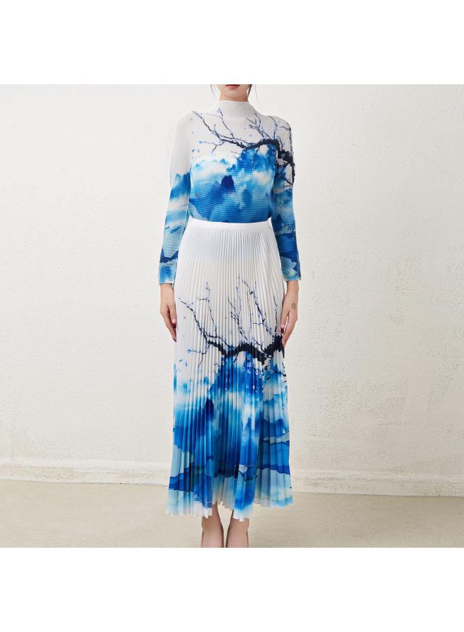 Pleated Suit Women's Autumn New Style Sanzhai Retro Ink Painting Casual Temperament Age-reducing Pleated Two-piece Set
