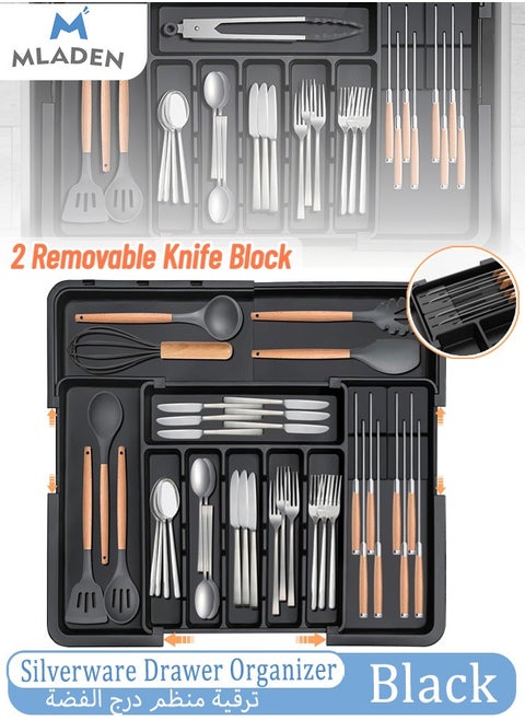 Silverware Organizer - Expandable Large Kitchen Drawer Organizer Utensil Organizer with 2 Removable Knife Blocks,Cutlery Tray Drawer Dividers for Kitchen Flatware(6-9 Slots) (Black)