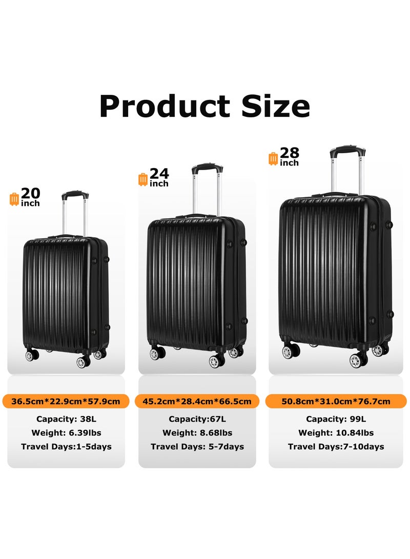 OHAHO Luggage Trolley 3 Piece Set Travel Luggage Sets for Men and Women 20inch/24inch/28inch ABS Material HardShell Suitcases with Spinner Wheels TSA Lock Scalable Trolley Luggage Bag (Black) - Image 2