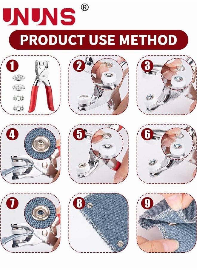 200-Sets Snap Fastener Kit Metal Snaps Buttons Set with Fastener Pliers Press Tool Kit Perfect for DIY Crafts Clothes Hats and Sewing