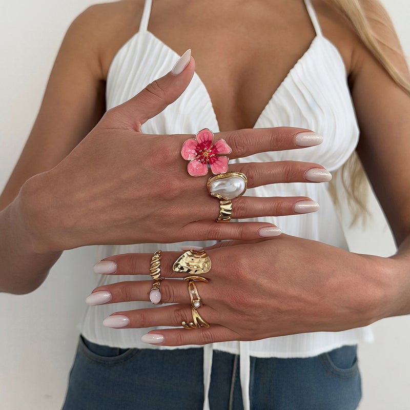 SHIXIN European and American Cross-Border Accessories: Sweet Ins Pink Drip Oil Flower Ring, Stackable Irregular Starfish Open Ring - Image 2