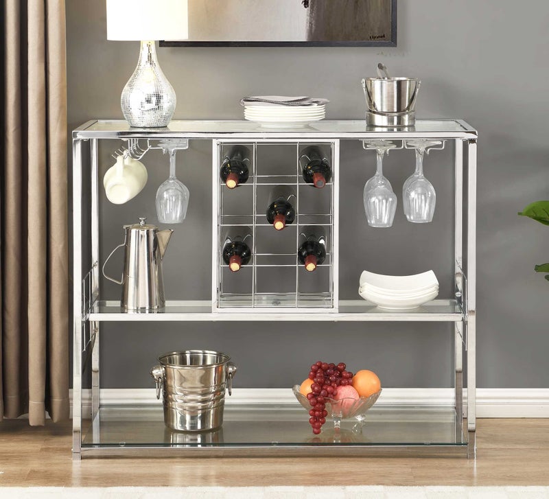 ASYA ASYA Wine Rack Table with Glass Holder 3Tier with Temered Glass Shelves Modern Liquor Cabinet with Storage for Wine Bar Living Room Kitchen and Dining Room Silver Finish