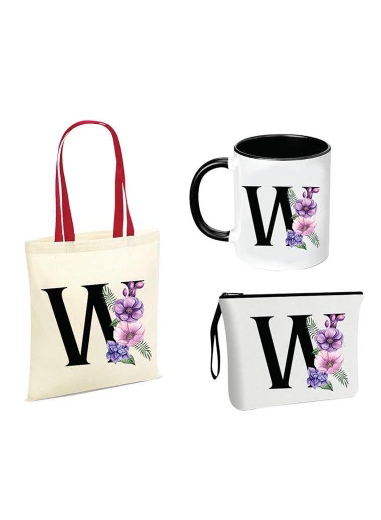 PRINTSHOP4ME Initial Letters Canvas Cotton Tote Bag With Red Handle and Cosmetic pouch for girls - Mug gifts - Pack of 3 Combo set -Giftset for wedding - Gifts for girls - Gift for friends  - Image 1