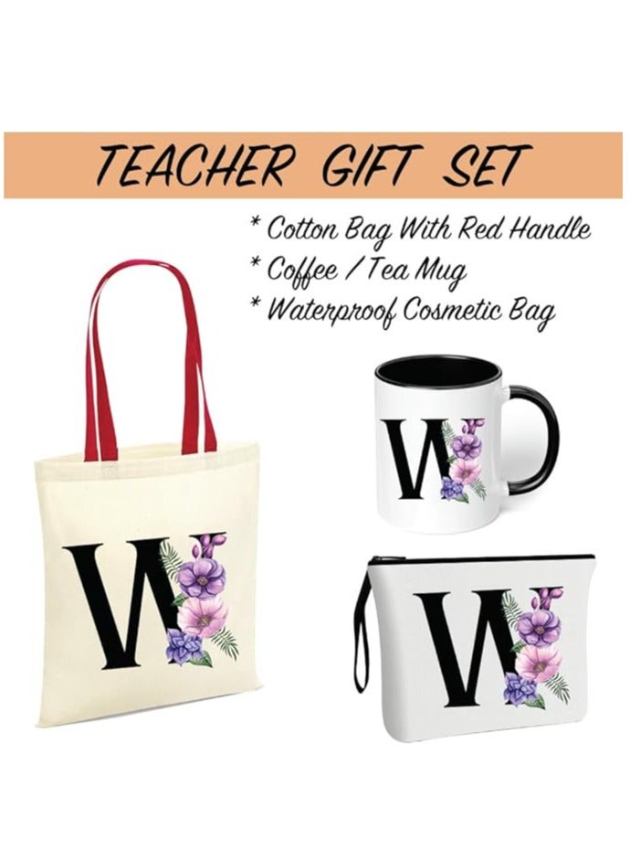 PRINTSHOP4ME Initial Letters Canvas Cotton Tote Bag With Red Handle and Cosmetic pouch for girls - Mug gifts - Pack of 3 Combo set -Giftset for wedding - Gifts for girls - Gift for friends  - Image 2