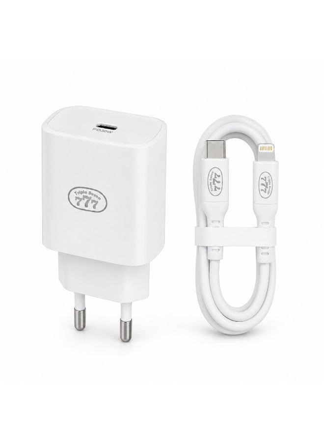 777 Triple Seven 777 CH-60 30W PD Super Fast Wall Charger with Type-C to Lightning Cable, 3A Output for iPhone & iPad - White - Image 1
