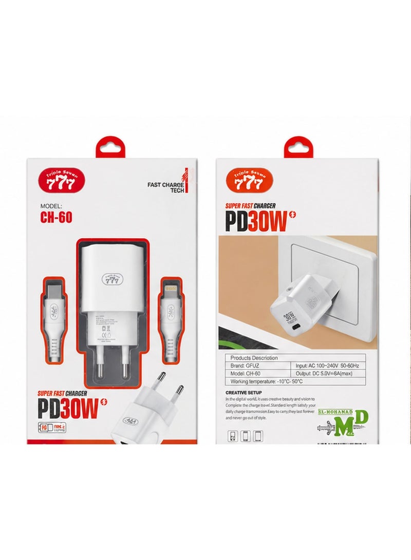 777 Triple Seven 777 CH-60 30W PD Super Fast Wall Charger with Type-C to Lightning Cable, 3A Output for iPhone & iPad - White - Image 3