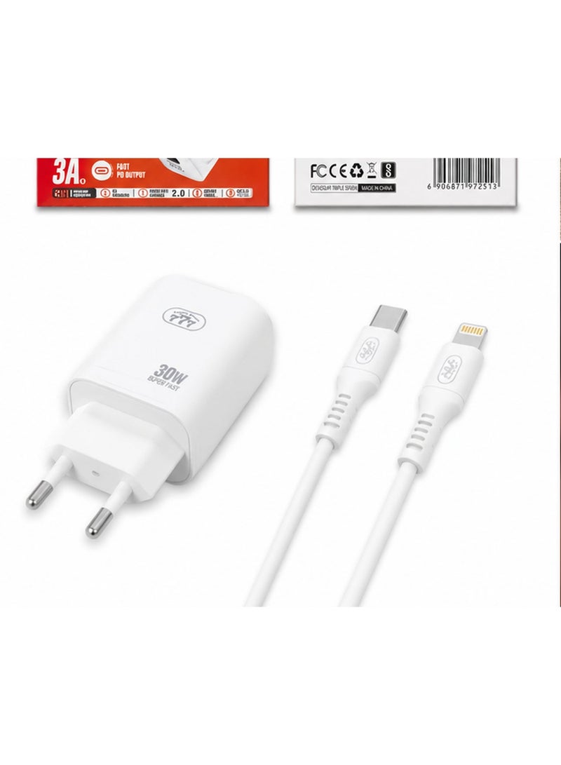 777 Triple Seven 777 CH-60 30W PD Super Fast Wall Charger with Type-C to Lightning Cable, 3A Output for iPhone & iPad - White - Image 2