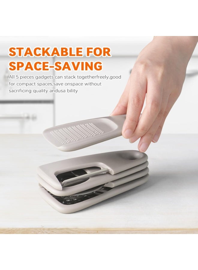 أدوات مطبخ 5 في 1، مقشرة، فتاحة زجاجات، مطحنة ثوم، مبشرة جبن كيك، أدوات طبخ قابلة للتكديس موفرة للمساحة للمطبخ الصغير، ملحقات لمخيمات RV داخل غسالة الأطباق آمنة - Image 4