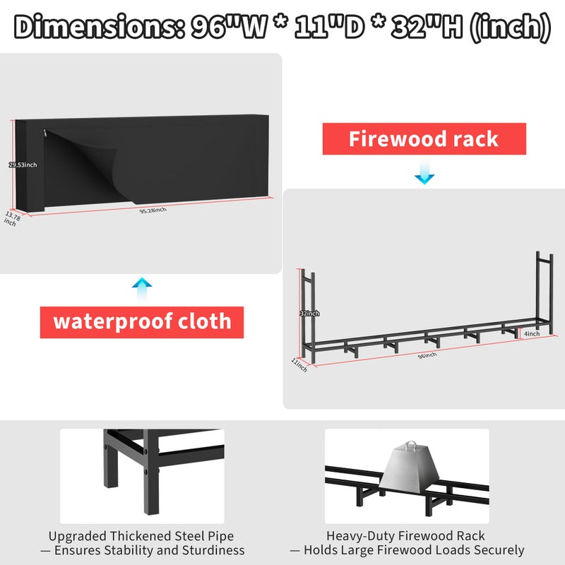 DIAMONDFORGE 8ft Firewood Rack Outdoor with Cover, Heavy Duty Fire Wood Stand, Metal Firewood Rack Indoor, Firewood Holder Storage, Log Wood Pile Racks Stand for Patio, Garden, Backyard, Matte Black - Image 4