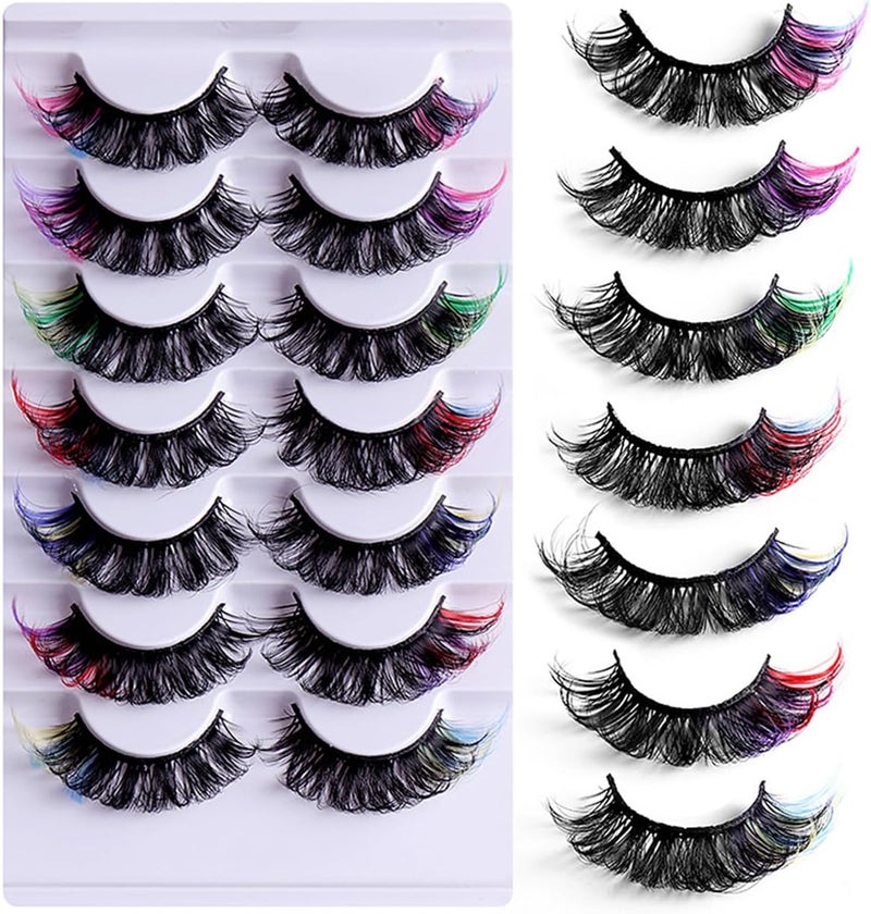 FEITA Colored Lashes 20mm Strip False Eyelashes with Color Fluffy 8D Thick Volume Eyelash Curly Rainbow Fake Eye Lashes 7 Pairs Multi Pack