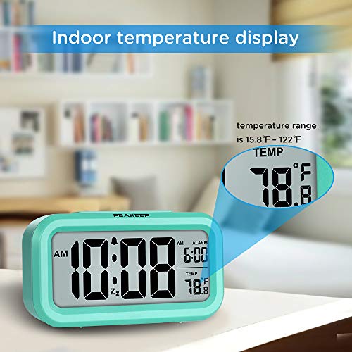 Peakeep Night Light Digital Alarm Clock Battery Operated with Indoor Temperature, Desk Small Clock (Mint) - Image 4