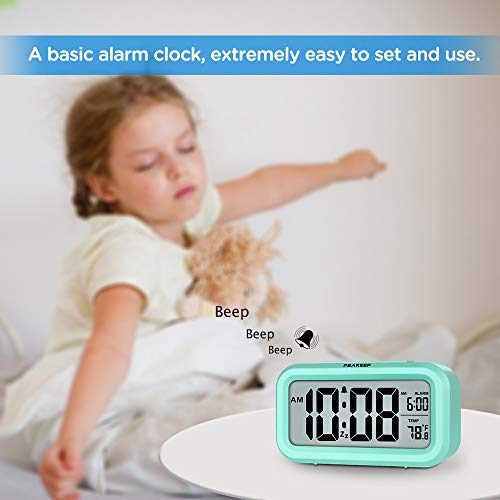 Peakeep Night Light Digital Alarm Clock Battery Operated with Indoor Temperature, Desk Small Clock (Mint) - Image 2