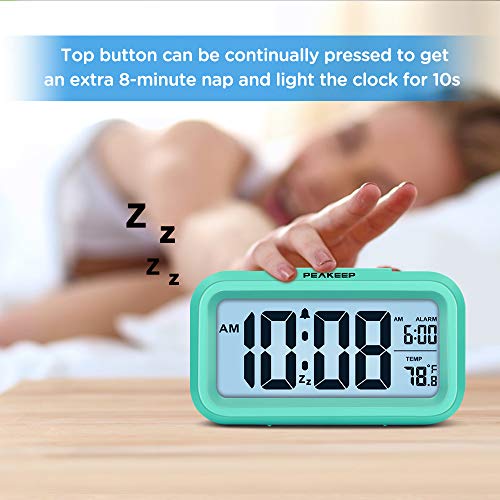 Peakeep Night Light Digital Alarm Clock Battery Operated with Indoor Temperature, Desk Small Clock (Mint) - Image 3