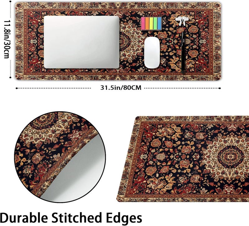 aportt Vintage Rug Gaming Mouse Pad XL Dark Brown Retro Carpet Aesthetic Extended Large Mat Mousepad Desk Pad Non-Slip Rubber Base Stitched Edge Flower Keyboard Pad Playmat for Computer,31.5×11.8 Inch - Image 2