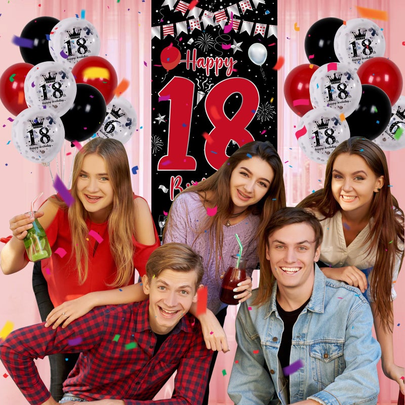 Pounira 18th Birthday Decorations for Boys and Girls, Red Black Happy 18th Birthday Decorations for Men, Boy 18 Bday Party Door Banner Sign, Triangle Flag, Large 18 Balloons Decor for 18 Years Old - Image 4