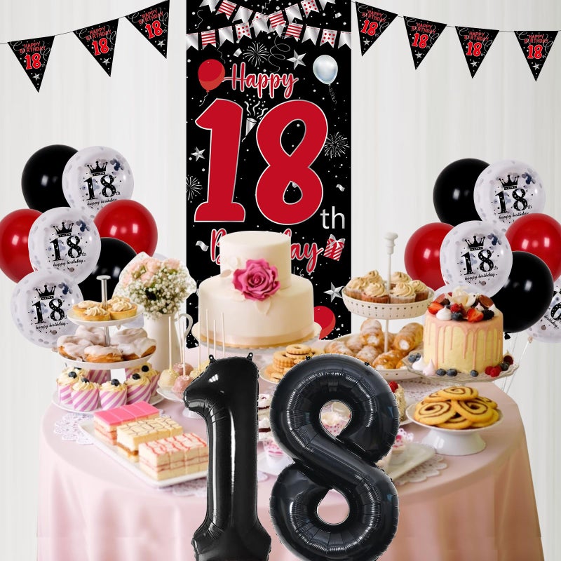 Pounira 18th Birthday Decorations for Boys and Girls, Red Black Happy 18th Birthday Decorations for Men, Boy 18 Bday Party Door Banner Sign, Triangle Flag, Large 18 Balloons Decor for 18 Years Old - Image 5