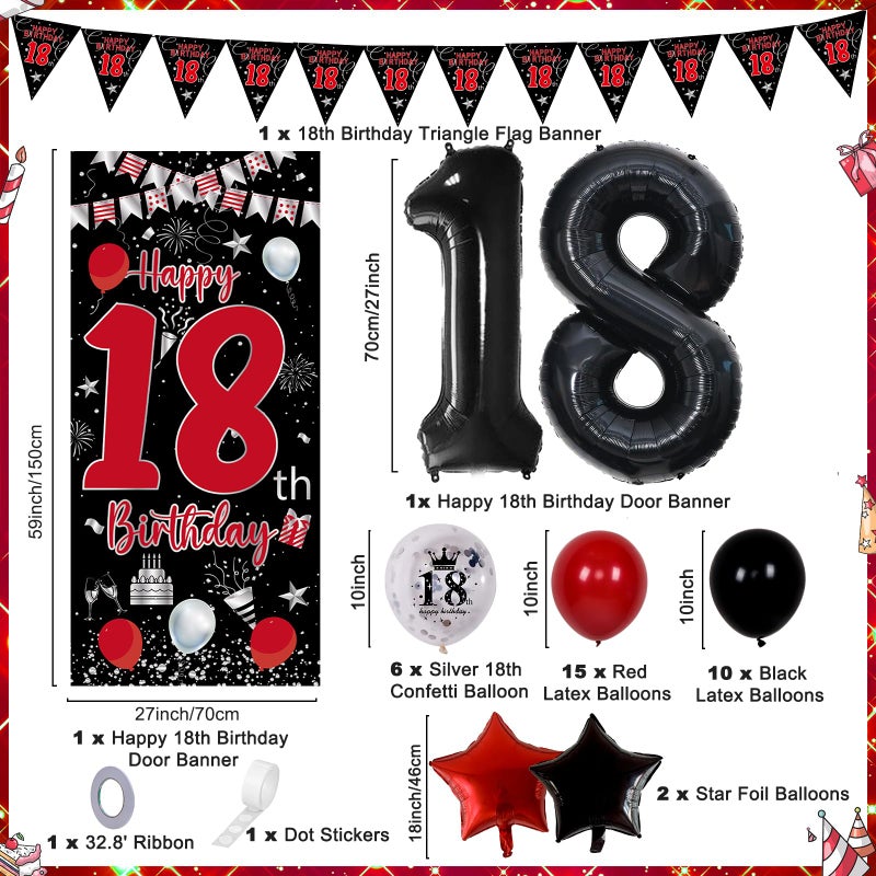Pounira 18th Birthday Decorations for Boys and Girls, Red Black Happy 18th Birthday Decorations for Men, Boy 18 Bday Party Door Banner Sign, Triangle Flag, Large 18 Balloons Decor for 18 Years Old - Image 2