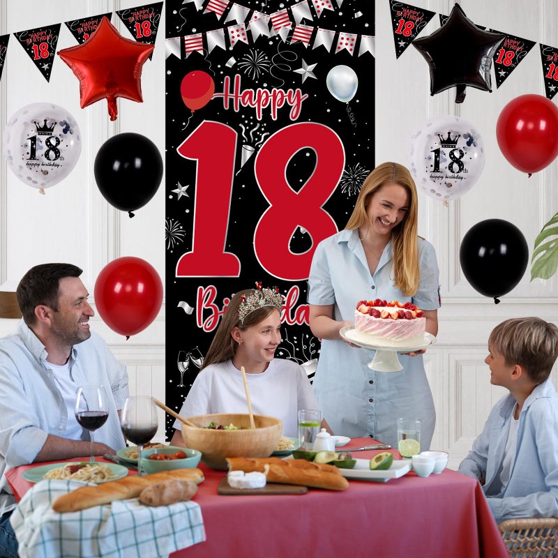 Pounira 18th Birthday Decorations for Boys and Girls, Red Black Happy 18th Birthday Decorations for Men, Boy 18 Bday Party Door Banner Sign, Triangle Flag, Large 18 Balloons Decor for 18 Years Old - Image 3