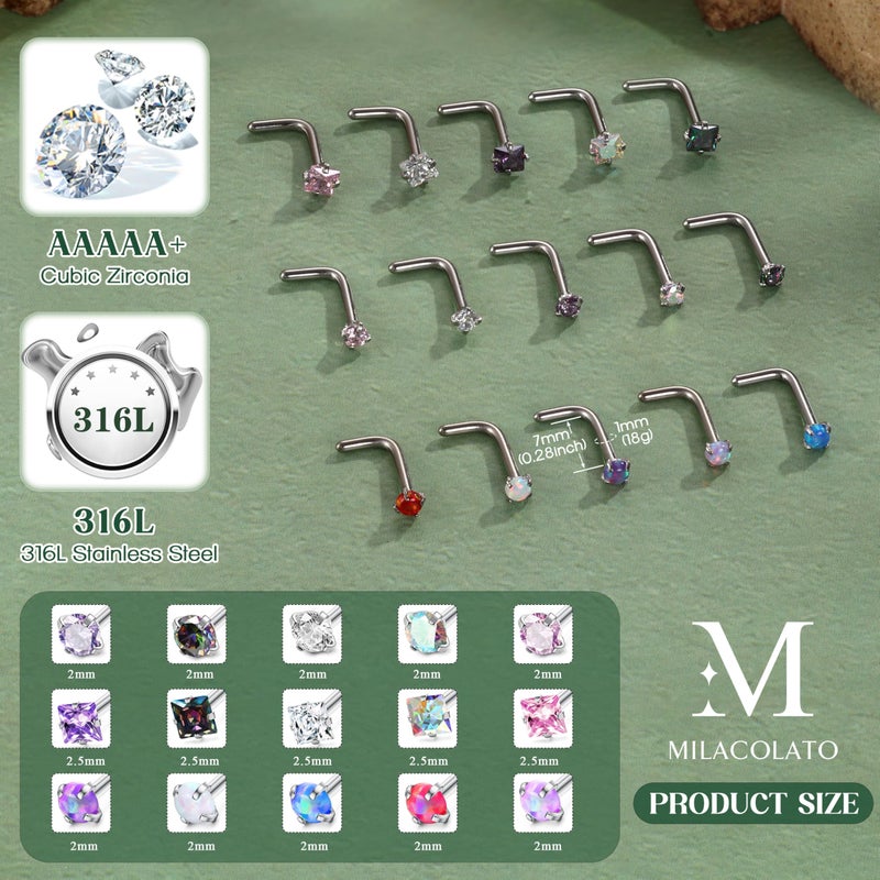 MILACOLATO Hypoallergenic Nose Rings for Women Men - 15Pcs 316L Surgical Stainless Steel Nose Rings Studs L Shaped Studs Rings Cubic Zirconia Labret Lip Nose Nostril Piercing Jewelry 18G - Image 4