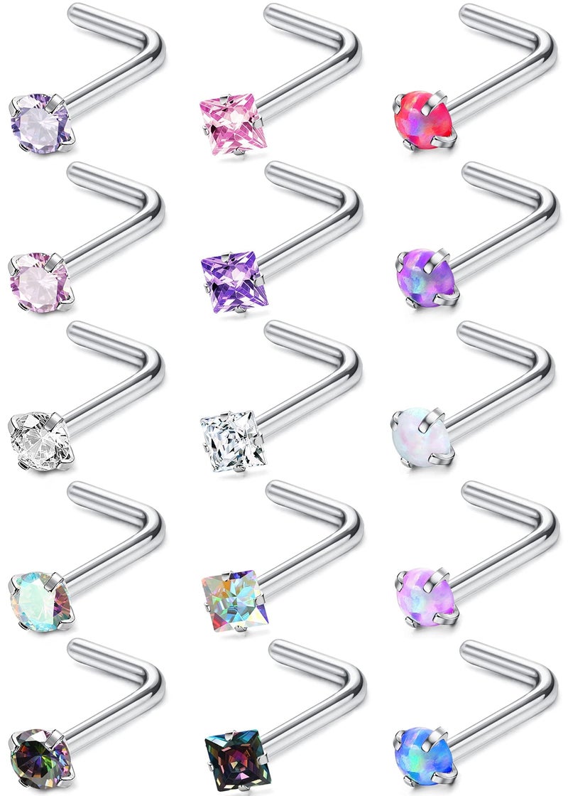 MILACOLATO Hypoallergenic Nose Rings for Women Men - 15Pcs 316L Surgical Stainless Steel Nose Rings Studs L Shaped Studs Rings Cubic Zirconia Labret Lip Nose Nostril Piercing Jewelry 18G - Image 1