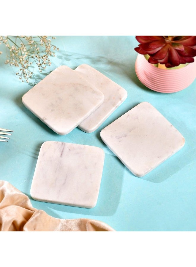 STLYZ White Square Marble Coaster with Metal Stand, 4 pcs. Set for Tea Coffee Cocktail, Natural Solid Handmade Marble Coaster Set with Holder for Bar Table,Hot & Cold Drinks - Image 3