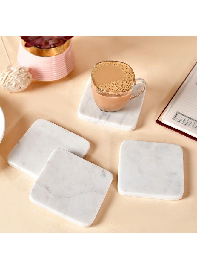 STLYZ White Square Marble Coaster with Metal Stand, 4 pcs. Set for Tea Coffee Cocktail, Natural Solid Handmade Marble Coaster Set with Holder for Bar Table,Hot & Cold Drinks - Image 2