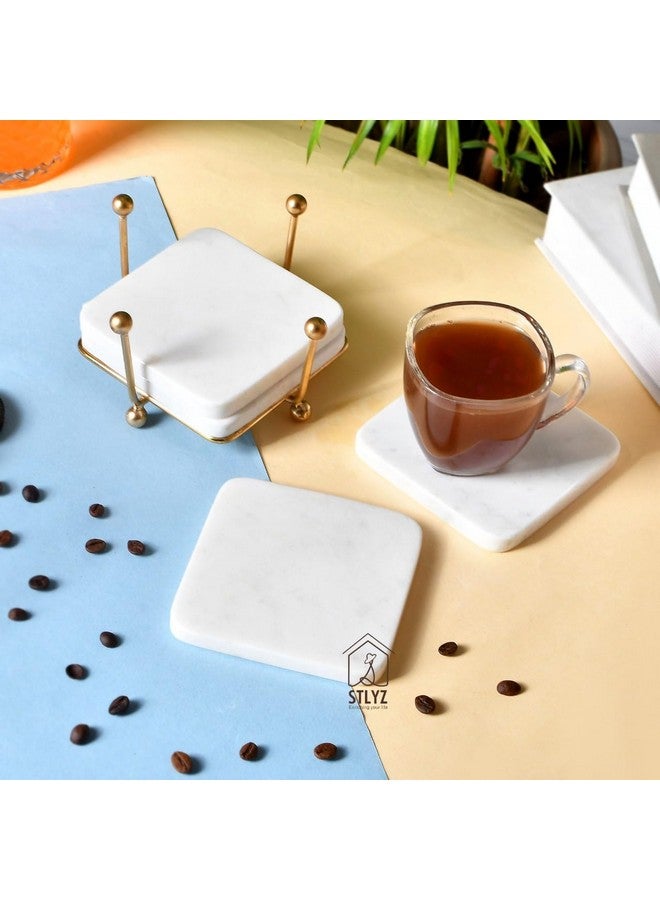 STLYZ White Square Marble Coaster with Metal Stand, 4 pcs. Set for Tea Coffee Cocktail, Natural Solid Handmade Marble Coaster Set with Holder for Bar Table,Hot & Cold Drinks - Image 1