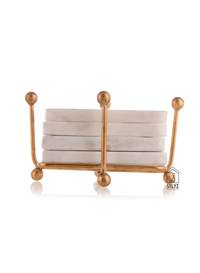 STLYZ White Square Marble Coaster with Metal Stand, 4 pcs. Set for Tea Coffee Cocktail, Natural Solid Handmade Marble Coaster Set with Holder for Bar Table,Hot & Cold Drinks - Image 4