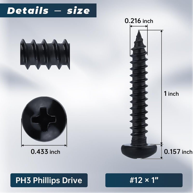 Glvaner #12 x 1 inch Phillips Pan Head Self Tapping Screws for Wood, Black Coated, 304 Stainless Steel 18-8, Round Head Sheet Metal Tek Screws, 40 pcs - Image 3