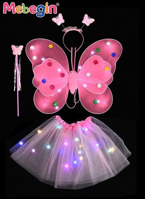 4 PCS LED Glowing Butterfly Wings Back Decoration with 1 Headband 1 Skirt 1 Fairy Stick for Little Girl,Light Up luminous Costume for Party Photo Prop Party Favor (Pink)