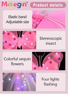 MEBEGIN 4 PCS LED Glowing Butterfly Wings Back Decoration with 1 Headband 1 Skirt 1 Fairy Stick for Little Girl,Light Up luminous Costume for Party Photo Prop Party Favor (Pink)  - Image 4