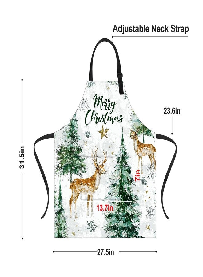 THISFIND Forest Green Christmas Apron with Two Pockets for Women Men - Watercolor Deer with Pine Trees Pattern for Baking, Gardening, Art Projects Holiday Activities - Image 3