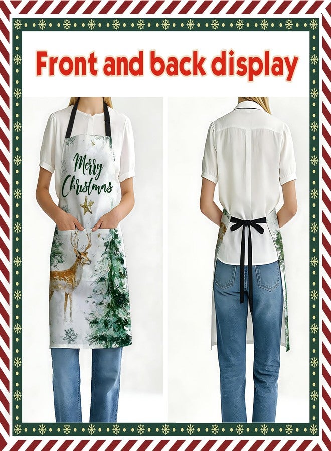 THISFIND Forest Green Christmas Apron with Two Pockets for Women Men - Watercolor Deer with Pine Trees Pattern for Baking, Gardening, Art Projects Holiday Activities - Image 2