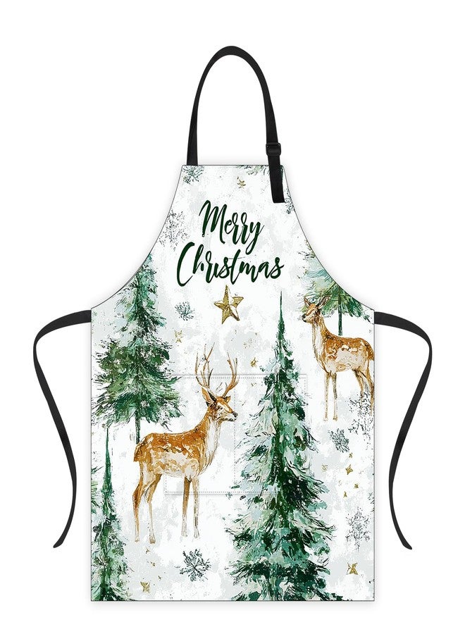 THISFIND Forest Green Christmas Apron with Two Pockets for Women Men - Watercolor Deer with Pine Trees Pattern for Baking, Gardening, Art Projects Holiday Activities - Image 1