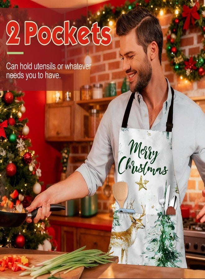 THISFIND Forest Green Christmas Apron with Two Pockets for Women Men - Watercolor Deer with Pine Trees Pattern for Baking, Gardening, Art Projects Holiday Activities - Image 5