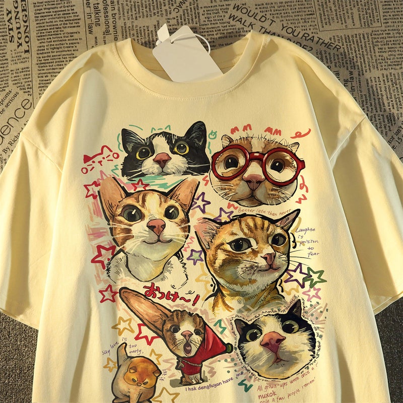 American sweet and cool cartoon cat print pure cotton short-sleeved t-shirt for women and men in summer 2025 new loose trendy top - Image 1