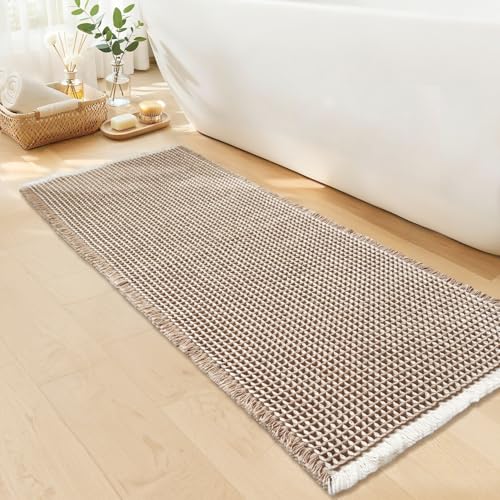GRLYUH Waffle Runner Bath Mat - Long Boho Bathroom Rugs Non Slip Washable, Super Absorbent & Quick Dry, Soft Bath Mat Farmhouse Bathroom Decor, 24'' x 60'', Khaki and White - Image 1