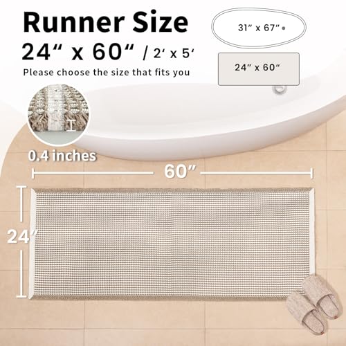 GRLYUH Waffle Runner Bath Mat - Long Boho Bathroom Rugs Non Slip Washable, Super Absorbent & Quick Dry, Soft Bath Mat Farmhouse Bathroom Decor, 24'' x 60'', Khaki and White - Image 2