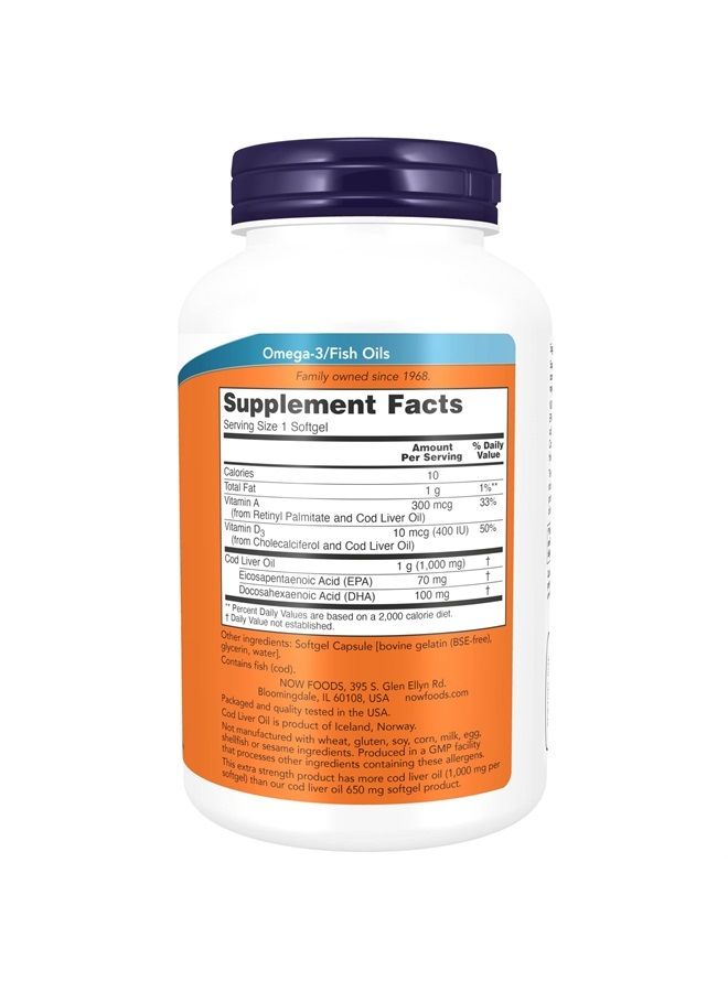 now مكملات، زيت كبد السمك، قوة إضافية 1,000 ملغ مع فيتامينات أ و د-3، EPA، DHA، 180 كبسولة لينة - Image 2